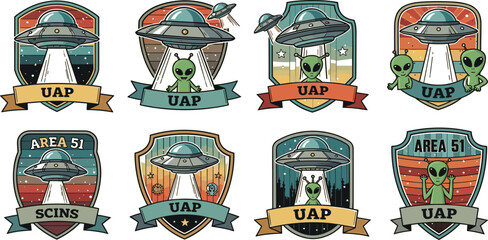 UFO and Alien Badge Logo Set Featuring Flying Saucer, Area 51, UAP Emblems for Sci Fi Branding, Vintage Patch Design and Space Theme Graphics © Ruma