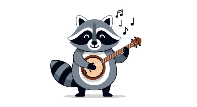 Cartoon raccoon playing banjo with musical notes on white background