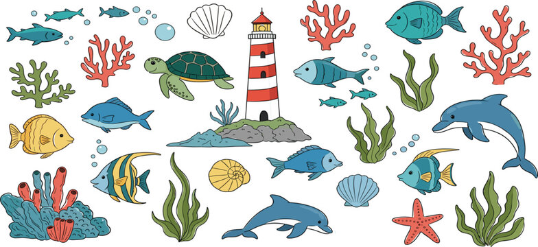 Underwater Marine Life Illustration Set with Fish, Dolphin, Turtle, Coral Reef, Lighthouse, and Sea Elements for Ocean Nature, Aquarium, and Kids Design
