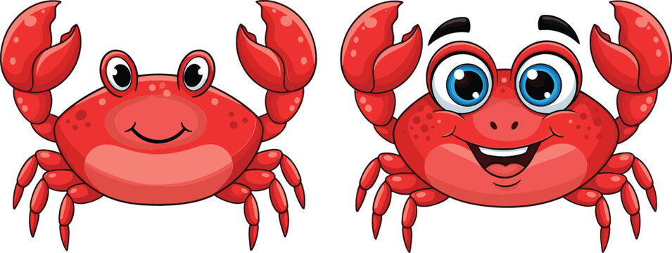 Cute cartoon crab character set with different expressions smiling and happy sea animal mascot vector illustration isolated on light background