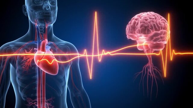 Digital rendering transparent human torso heart brain linked by orange pulse line on a dark blue backdrop