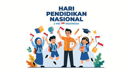 Fototapeta premium Indonesian National Education Day Celebration Illustration with Teacher and Cheerful Students