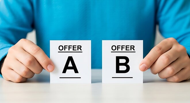 A/B testing marketing concept, person holding Offer A and Offer B cards for split test comparison, business decision making and conversion optimization