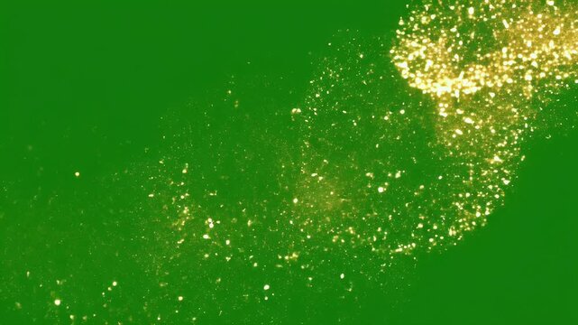 A bright golden streak of light and particles trails across a vibrant green screen.