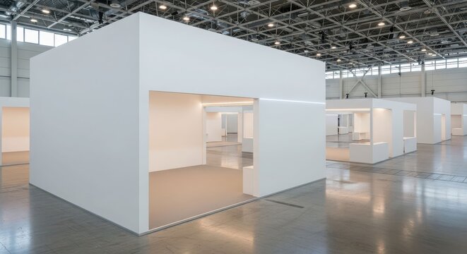 A series of minimalist white exhibition booths or temporary architectural structures arranged in a large, brightly lit, modern hall with a reflective floor.