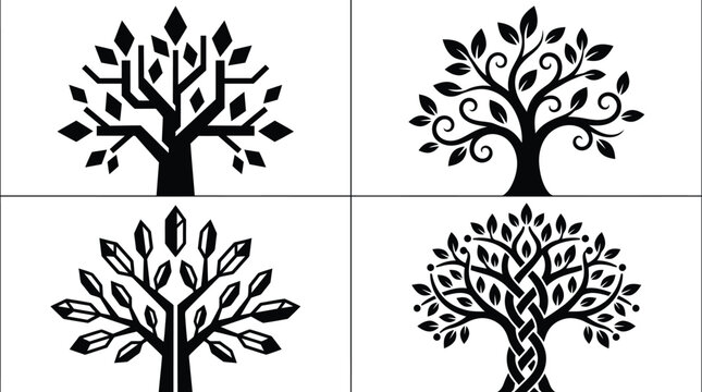 Set of four diverse black and white tree icons featuring geometric, elegant, crystalline, and braided designs for logos.