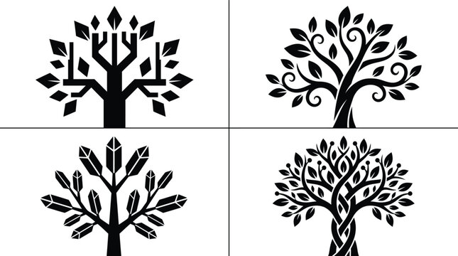Collection of four unique black and white tree silhouettes featuring geometric, organic, and celtic designs.