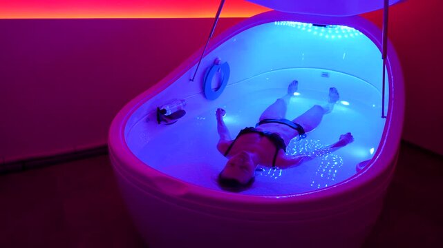 Woman in bikini floating in a futuristic spa therapy pod