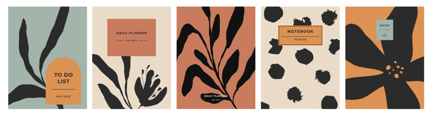 Boho minimalist planner and notebook covers set with abstract botanical shapes, modern neutral vector design © Maria Goryacheva 