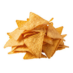 Fototapeta premium Heap of crispy golden corn tortilla chips isolated on a white background