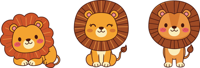 Fototapeta premium Cute cartoon lion character set with different poses and expressions adorable jungle animal vector illustration isolated on light background