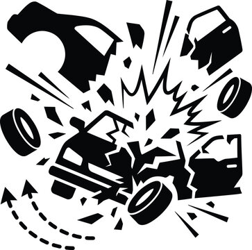 Black and white vector illustration of a major car crash with auto parts flying in an explosive accident scene.