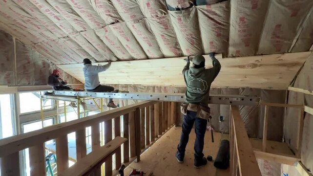 Men hanging tongue and grove on ceiling on scaffolding 1