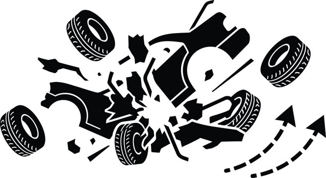 Silhouette of a vehicle crash explosion with detached tires and moving arrows representing a sudden car accident.