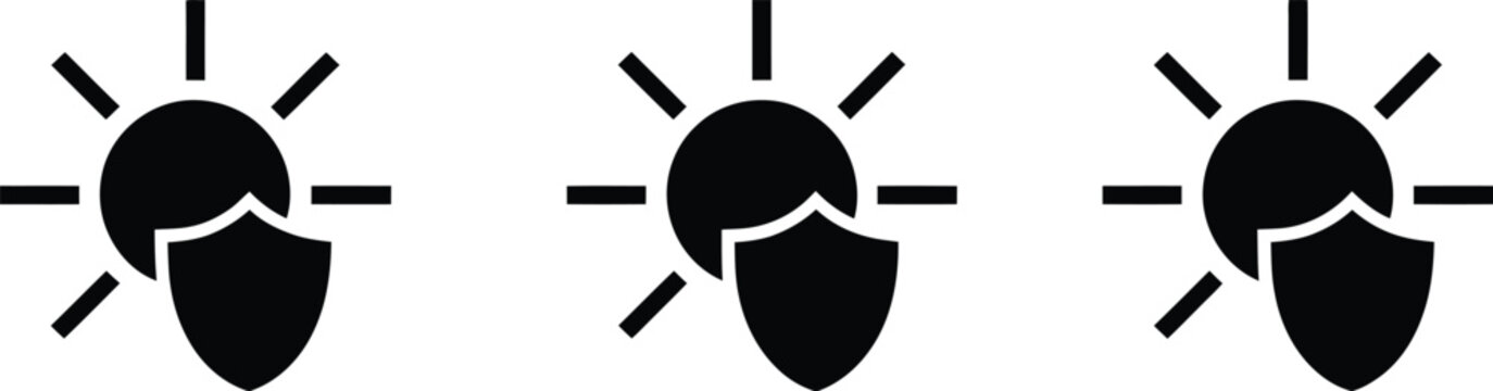 UV protection shield icon set, sun safety and sunscreen defense symbol, modern outline vector collection representing skin protection, ultraviolet blocking, and health safety concepts for skincare,