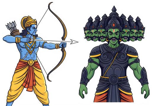 Lord rama aiming bow and arrow at ten headed demon king ravana pixel art illustration