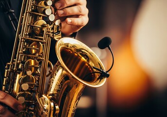 Fototapeta premium A close-up of a golden brass saxophone during a jazz performance, featuring heavy film grain, artistic motion blur, and warm faded hues, jazz, soul, rhythm