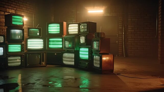 Retro CRT televisions stack with green static in a dark warehouse