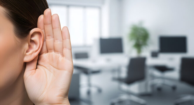 Business woman holding hand to ear listening carefully to office gossip or customer feedback in modern workplace