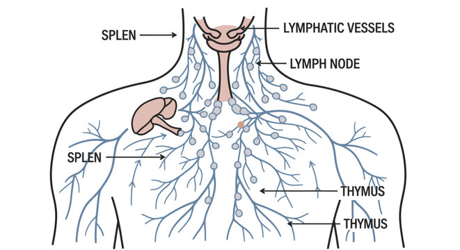 Medical illustration of human lymphatic system anatomy and related organs