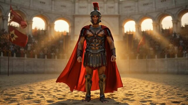 Gladiator stands proudly in ancient colosseum arena with sword