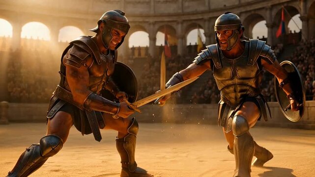 Two gladiators fight intensely in ancient colosseum arena with swords