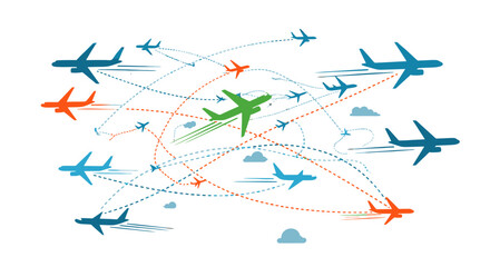 Colorful Airplanes Flying Along Dotted Flight Paths with Clouds, Global Interconnected Travel Concept © Wisnu505