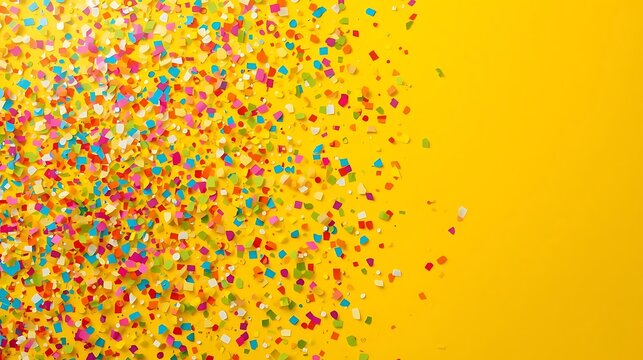 Sunlit golden-yellow canvas sprinkled with a dynamic mix of rainbow confetti pieces in varied shapes and sizes, creating a festive explosion effect with a clean, modern aesthetic and airy composition.