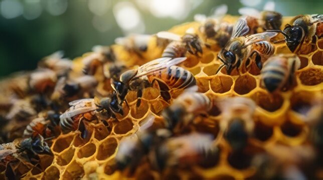 Close-up macro view of industrious honey bees diligently working on a golden honeycomb in a natural apiary setting, showcasing the intricate details of their hive and pollination process.