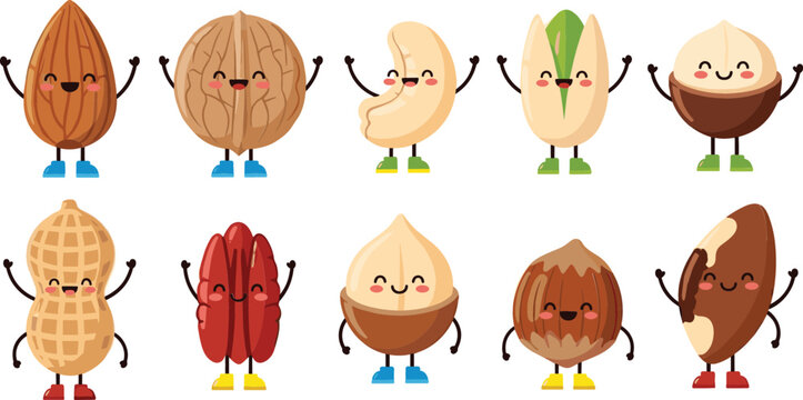 Cute cartoon nuts character set including almond walnut pistachio peanut and hazelnut funny food mascots vector illustration isolated on light background