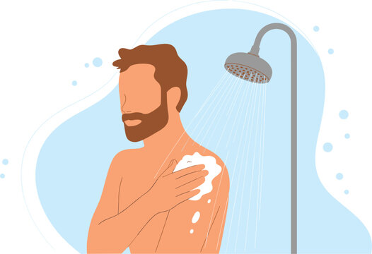 Bearded man taking a refreshing morning shower with soap suds under running water for personal hygiene and grooming