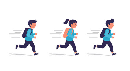 Fototapeta premium Children run with backpacks isolated on white background vector illustration