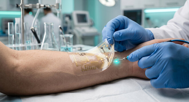 Wearable electronic skin sensor applied on human arm for medical health monitoring in clinical laboratory.
