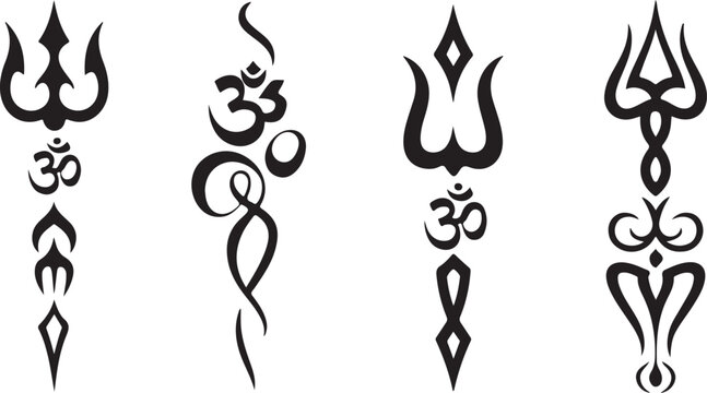Stylized spiritual Hindu symbols featuring the sacred Om mantra and powerful Trishula trident in elegant black designs
