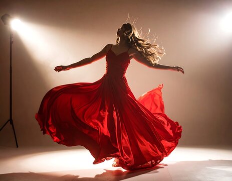 Woman in flowing red dress dances, lit dramatically