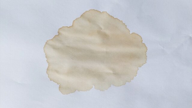 Coffee stain with dry mark isolated on white surface. Beverage splatter featuring drip and smudge texture.