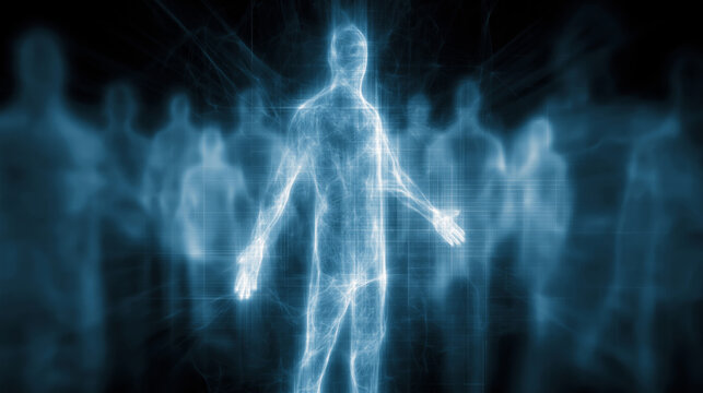 Digital human hologram virtual figure blue light technology data abstract future cyber network Digital human hologram virtual figure blue light