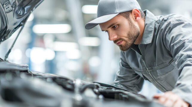 Mechanic man car engine inspection garage uniform cap focused male mechanic man car engine inspection in garage workshop