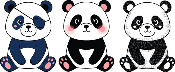 Cute cartoon panda bear character set with different styles including eyepatch, classic and halftone design adorable animal vector illustration isolated background © MdMojnu