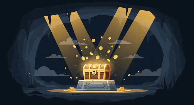 Gleaming treasure chest in a hidden cave, illuminated by golden light, symbolizing discovery, wealth, and untold riches within a mysterious underground cavern