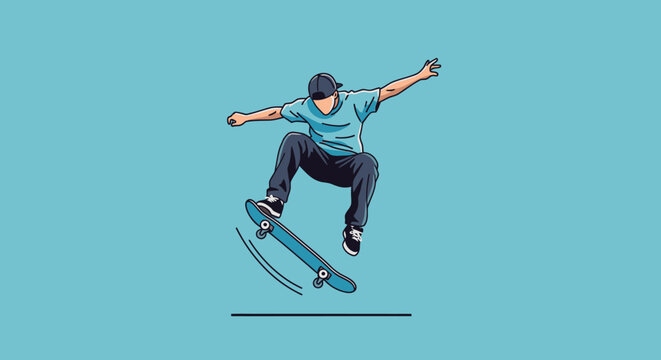 Skateboarder performing trick illustration on a cyan background