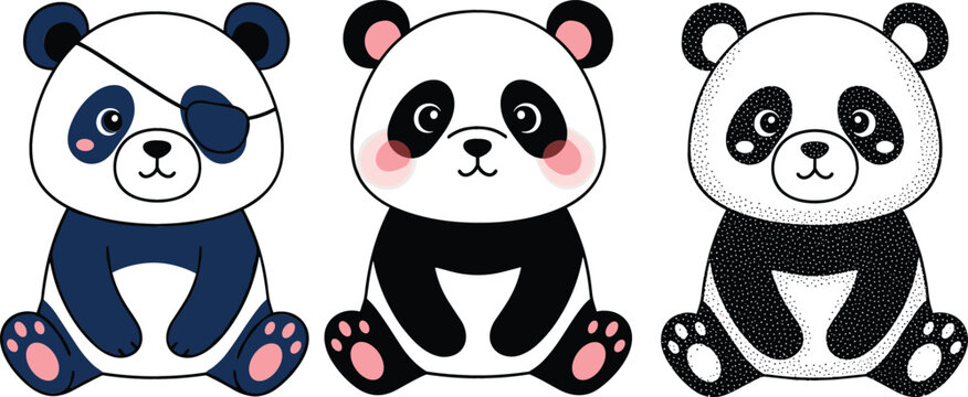 Cute cartoon panda bear character set with different styles including eyepatch, classic and halftone design adorable animal vector illustration isolated background