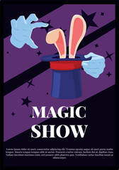 Naklejka premium Magic show poster vector design, magician hat with hare inside, ears stick out, vector cartoon illusionist focus trick
