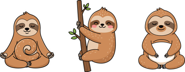 Fototapeta premium Cute cartoon sloth character set with different poses including sitting hanging and holding branch adorable jungle animal vector illustration isolated