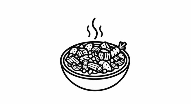 A black and white illustration of a steaming bowl of pasta