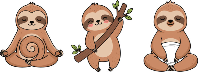 Fototapeta premium Cute cartoon sloth character set with yoga meditation and holding branch poses adorable jungle animal vector illustration isolated on light background