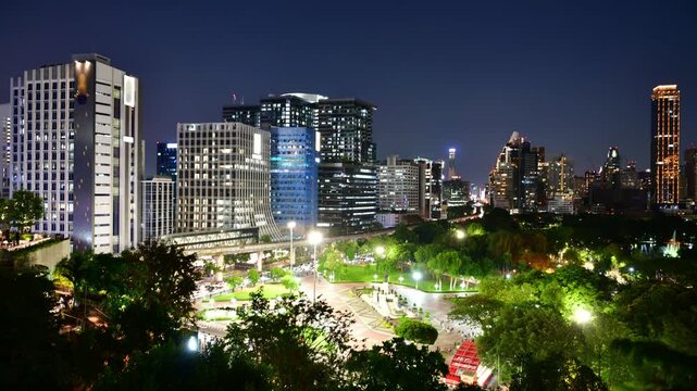 Thailand- April 27,2026 : High angle view of Lumphini Park and Bangkok city skyline at night with illuminated skyscrapers, Thailand