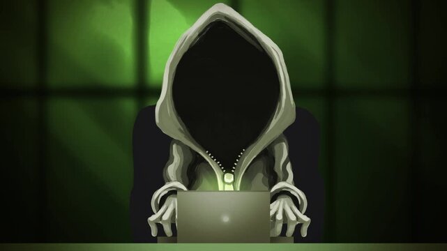 shadowy hacker hidden in hoodie coding malicious software and virus in dark cyber scene