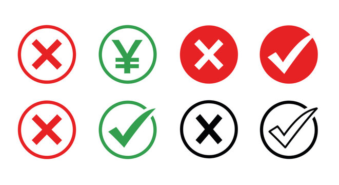 Collection of red crosses and green checks in circular icons representing approval and rejection symbols.