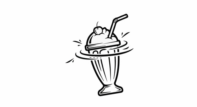 A black and white drawing of a milkshake with a cherry, straw, and swirling motion lines